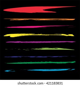 Vector large collection or set of artistic colorful paint hand made creative brush strokes isolated on black background metaphor to art, grunge or grungy, sketch, education or abstract design
