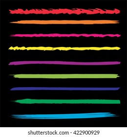 Vector large collection or set of artistic colorful paint hand made creative brush strokes isolated on black background metaphor to art, grunge or grungy, sketch, education or abstract design