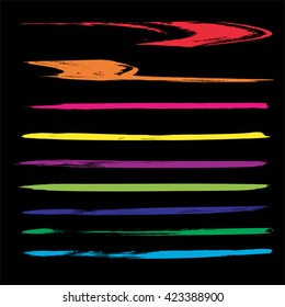 Vector large collection or set of artistic colorful paint hand made creative brush strokes isolated on black background metaphor to art, grunge or grungy, sketch, education or abstract design