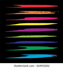 Vector large collection or set of artistic colorful paint hand made creative brush strokes isolated on black background metaphor to art, grunge or grungy, sketch, education or abstract design
