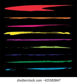 Vector large collection or set of artistic colorful paint hand made creative brush strokes isolated on black background metaphor to art, grunge or grungy, sketch, education or abstract design