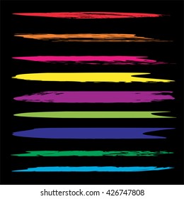 Vector large collection or set of artistic colorful paint hand made creative brush strokes isolated on black background metaphor to art, grunge or grungy, sketch, education or abstract design