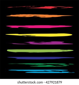 Vector large collection or set of artistic colorful paint hand made creative brush strokes isolated on black background metaphor to art, grunge or grungy, sketch, education or abstract design