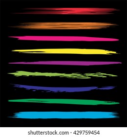 Vector large collection or set of artistic colorful paint hand made creative brush strokes isolated on black background metaphor to art, grunge or grungy, sketch, education or abstract design