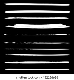 Vector large collection or set of artistic white paint hand made creative brush strokes isolated on black background metaphor to art, grunge or grungy, sketch, education or abstract design