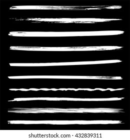 Vector large collection or set of artistic white paint hand made creative brush strokes isolated on black background metaphor to art, grunge or grungy, sketch, education or abstract design