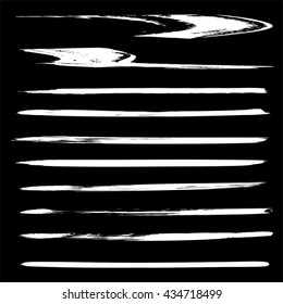 Vector large collection or set of artistic white paint hand made creative brush strokes isolated on black background metaphor to art, grunge or grungy, sketch, education or abstract design