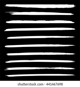 Vector large collection or set of artistic white paint hand made creative brush strokes isolated on black background, metaphor to art, grunge or grungy, sketch, education or abstract design