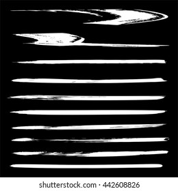Vector large collection or set of artistic white paint hand made creative brush strokes isolated on black background, metaphor to art, grunge or grungy, sketch, education or abstract design