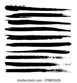 Vector large collection or set of artistic black paint hand made creative brush strokes isolated on white background, metaphor to art, grunge or grungy, sketch, education or abstract design