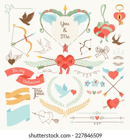 Vector large creative set of Valentines day flat design elements | Vintage styled romantic ornamental signs and laurels, arrows and bows, hearts and ribbons, birds and more, on bright background