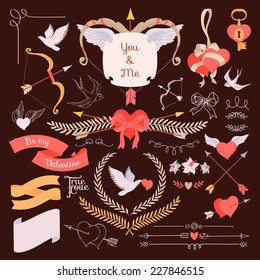 Vector large creative set of Valentines day flat design elements | Vintage styled romantic ornamental signs and laurels, arrows and bows, hearts and ribbons, birds and more, on dark background