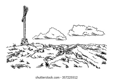 vector - large cross in the mountain landscape