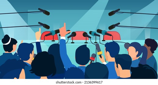 Vector Of A Large Crowd Of Journalists At A Press Conference, Table With Microphones, Empty Chairs. News Report Broadcasting, Journalism Concept 