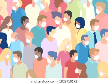 Vector of a large crowd of people wearing face masks standing next to each other 