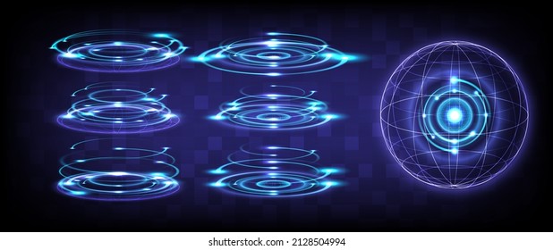 Vector large file. Sci-fi high-technology stage collection in glowing HUD. Hologram portal swirl of science futuristic. Magic warp gate in game fantasy. Circle teleport podium. Neon around sphere