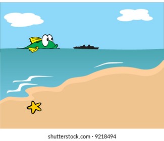 vector of large green fish following ship across the ocean as seen from the shore of a sandy beach - you're gonna need a bigger boat