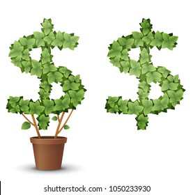 vector large green tree grows from a flowerpot. concept of spring and summer, harvest and ascent. topiary
