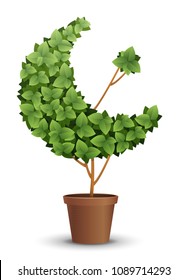 vector large green tree grows from a flowerpot. concept of spring and summer, harvest and ascent. figured haircut of trees and bushes