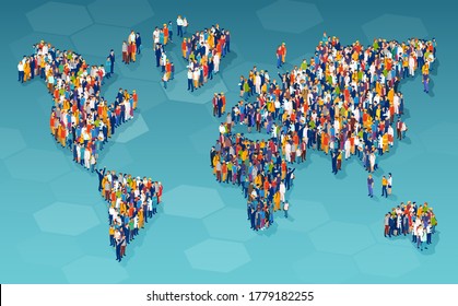 Vector of a large group of diverse people from different country standing on a world map 