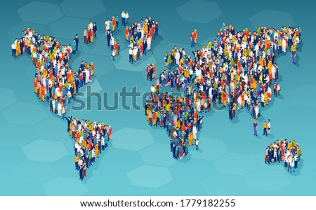 Vector of a large group of diverse people from different country standing on a world map 