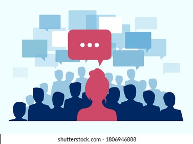 Vector of a large group of people communicating with woman in red raising the problem 