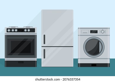 Vector of large household appliances and electronics. Refrigerator, oven, gas stove, washing machine.