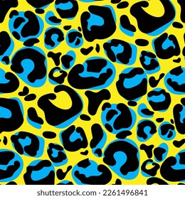 Vector large leopard pattern, seamless background, classic print. Abstract skin of a wild cat. Fashion. Spots. Bright uneven spots of different shades. Printing on paper and textiles. Yellow, Blue