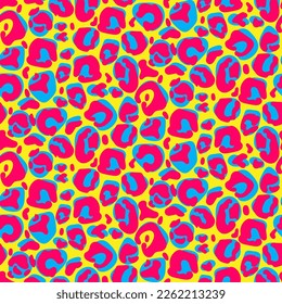 Vector large leopard pattern, seamless background, classic print. Abstract skin of a wild cat. Spots. Bright uneven spots of different shades. Printing on paper and textiles. Yellow, Blue, Pink