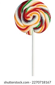 Vector large lollipop isolated on transparent background. Colorful rainbow lollipop swirl lollipop on plastic stick isolated on white background. Lollipop with many flavors and colors. Front view