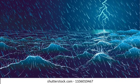 Vector large ocean waves and full moon at night