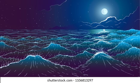 Vector Large Ocean Waves And Full Moon At Night