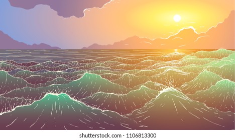 Vector large ocean waves at sunset