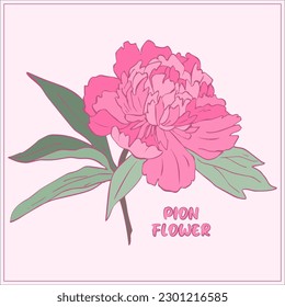 Vektorgrafik ш der großen, realistischen Peonblume mit Blättern. С auf Tour, Text. Kann für Postkarten, Magazine, Hochzeitseinladungen verwendet werden.