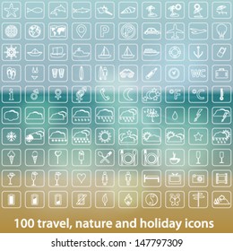 Vector large set 100 of modern travel, holiday and transportation icons illustration