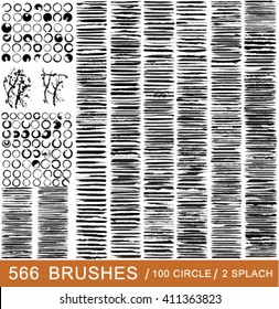 Vector large set of 566 different grunge brush strokes. 100 circle brush strokes. 2 splash ink.