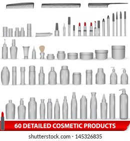 Vector large set of 60 very detailed white, blank different cosmetic products - bottles, lipsticks, combs, packages