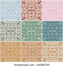 Vector large set of 9 seamless beautiful abstract retro grunge vintage floral background illustrations