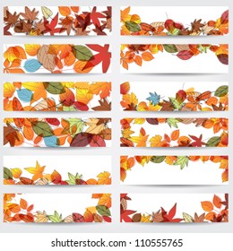 Vector large set of colorful, hand drawn style autumn leaves banners illustration