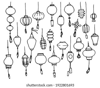 Vector large set of different shapes of Chinese lanterns, hand-drawn in doodle style. Japanese vector isolated elements on a white background with a black outline. hanging lanterns of traditional Asia