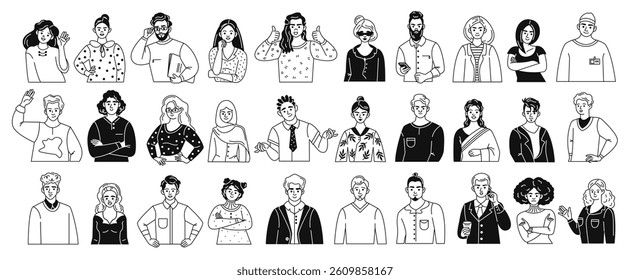 Vector a large set of diverse doodle characters. Business people, men and women, businessmen, doctors. Contoured black and white hand-drawn graphics