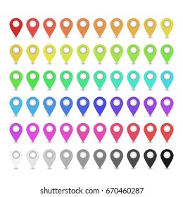 Vector large set of flat isolated map pins on the white background. Concept of navigation, transportation, delivery and journey.