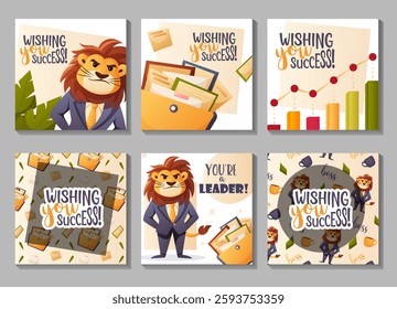 Vector large set of greeting cards with a business theme: a lion in a suit, documents, a growth chart, coffee mugs, seamless patterns, and inspiring messages.  
