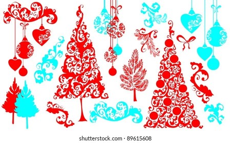 VECTOR  A large set of images for Christmas designs. New Year, Christmas tree, decorations, ornaments