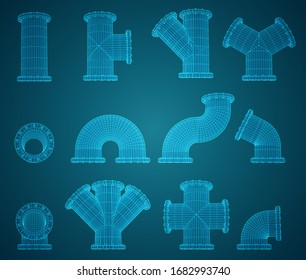 vector large set of plumbing steel pipes with flange.
