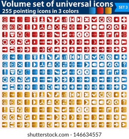 Vector large set of volumetric pointing icon in three colors.  EPS10. Easy to edit and change colors