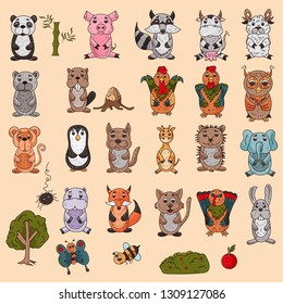 vector large set of wild and domestic animals colored in the style of childrens scribbles for design and design background is isolated