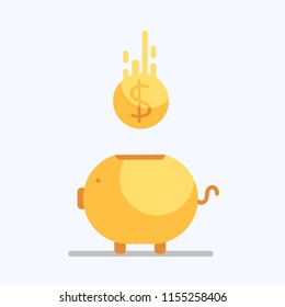 Vector large yellow piggy bank in the form of a pig on a white background. falling dollar gold coin into the moneybox