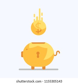 Vector large yellow protected piggy Bank in the form of a pig on a white background. falling dollar gold coin into the moneybox