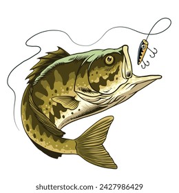 Vector of Largemouth Bass Fish Catching the Fishing Lure